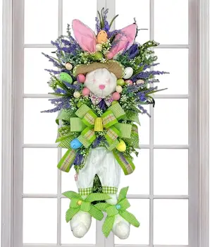 Пасхальный венок | Милый венок из кролика с большим бантом и разноцветными яйцами | Весенняя гирлянда, Пасхальное украшение для дома у входной двери